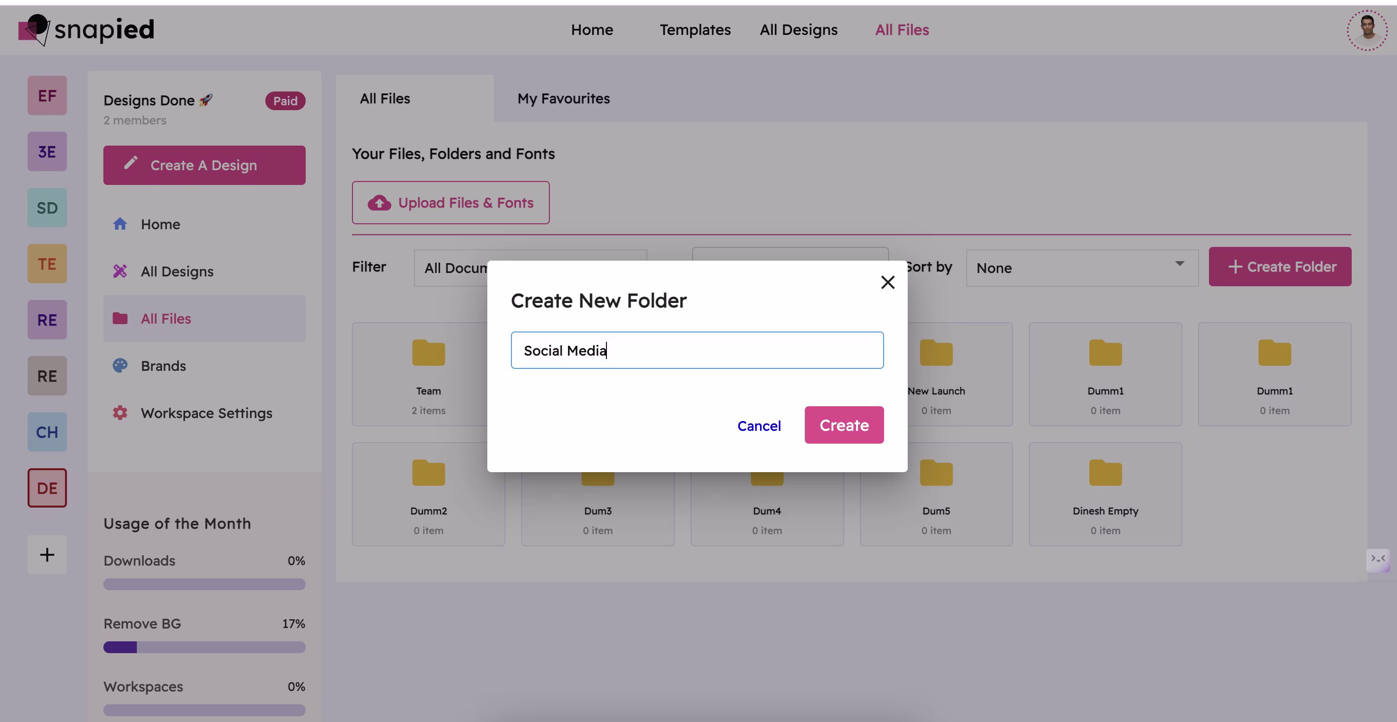 Creating a new folder in Snapied